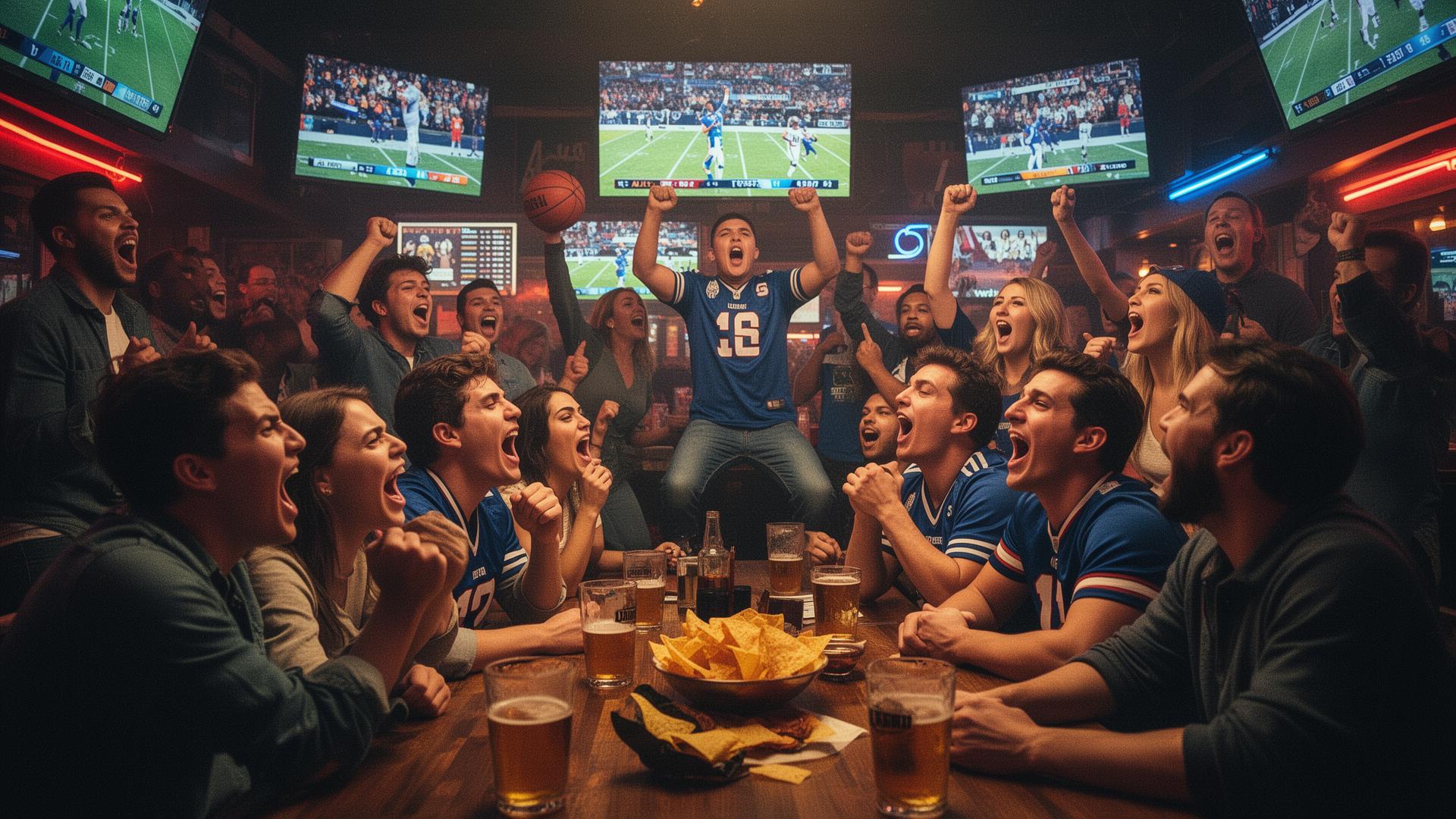 Fans sharing emotional reactions together at a sports bar watch party